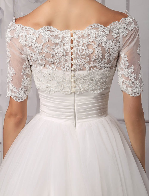 Exclusive Tull Lace Off-The-Shoulder Ball Gown Wedding Dress With Wrap