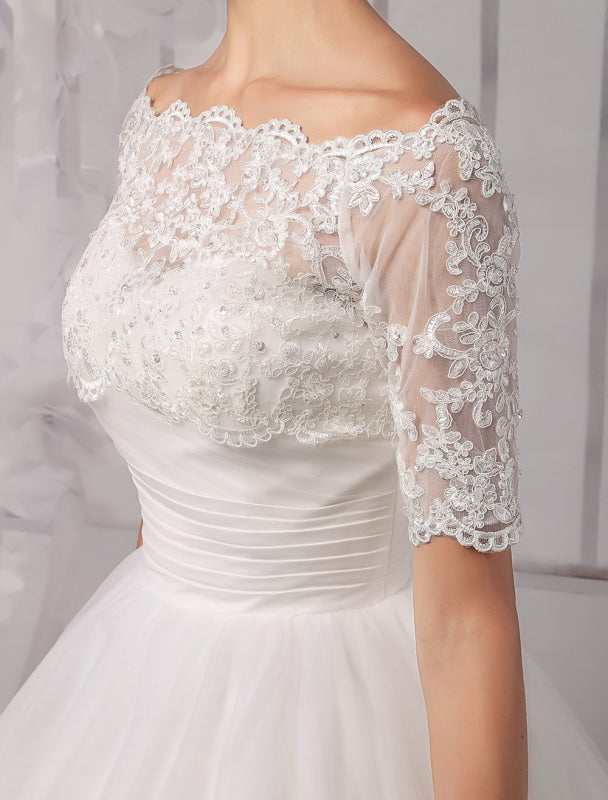 Exclusive Tull Lace Off-The-Shoulder Ball Gown Wedding Dress With Wrap