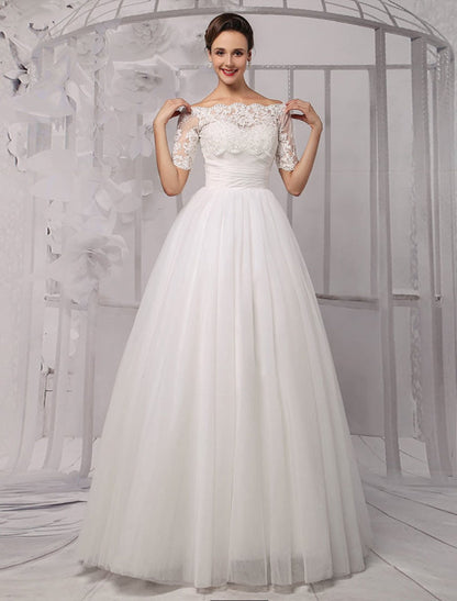 Exclusive Tull Lace Off-The-Shoulder Ball Gown Wedding Dress With Wrap