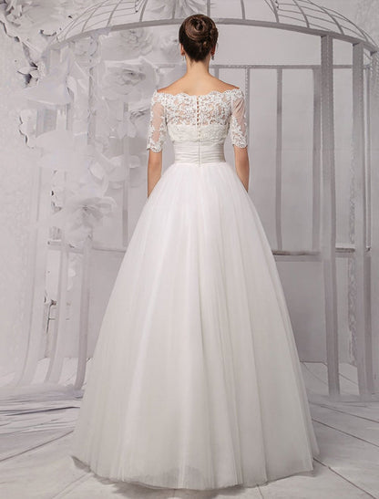 Exclusive Tull Lace Off-The-Shoulder Ball Gown Wedding Dress With Wrap