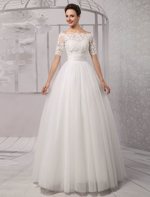 Exclusive Tull Lace Off-The-Shoulder Ball Gown Wedding Dress With Wrap