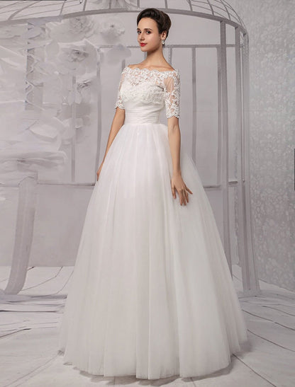 Exclusive Tull Lace Off-The-Shoulder Ball Gown Wedding Dress With Wrap