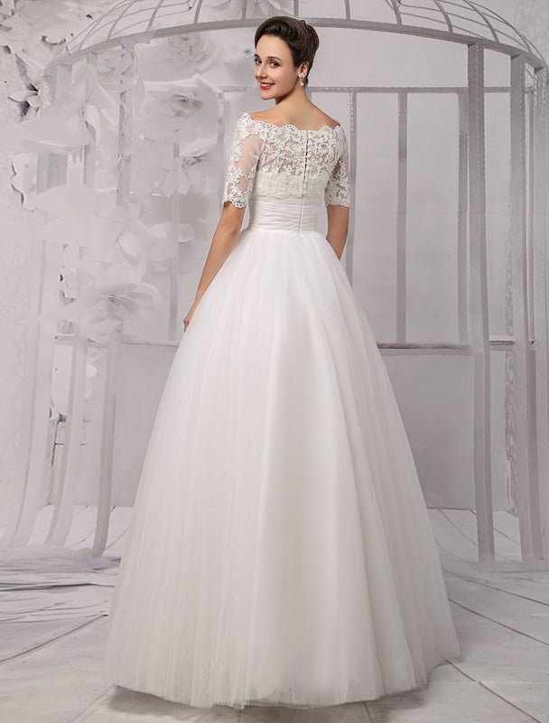 Exclusive Tull Lace Off-The-Shoulder Ball Gown Wedding Dress With Wrap