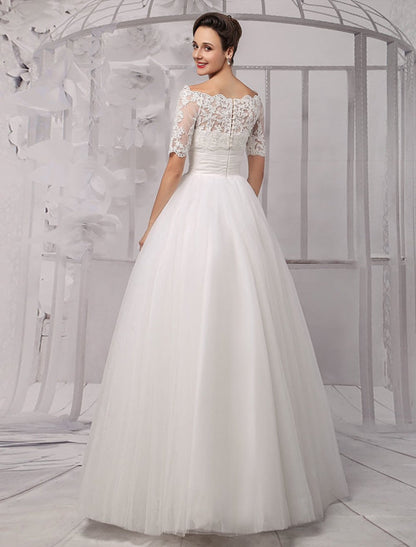 Exclusive Tull Lace Off-The-Shoulder Ball Gown Wedding Dress With Wrap