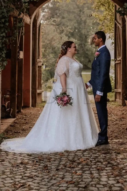 Exquisite Ivory Wedding Dress Aline Plus Size Tulle Lace Bridal Gown with Sleeves