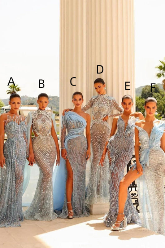 Exquisite Sequined Prom Gown Applique Beadings Mermaid Evening Dress with Feather