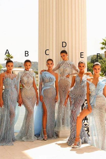 Exquisite Sequined Prom Gown Applique Beadings Mermaid Evening Dress with Feather