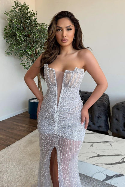 Exquisite V-Neck Beaded Prom Dress with Front Slit