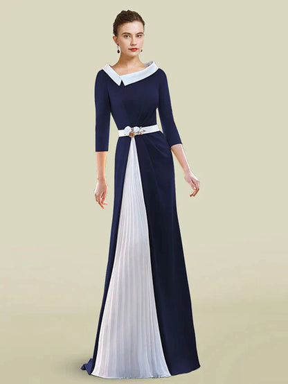 A-Line Mother of the Bride Dress Elegant Jewel Neck Floor Length Chiffon Stretch Fabric Half Sleeve with Sash / Ribbon Pleats