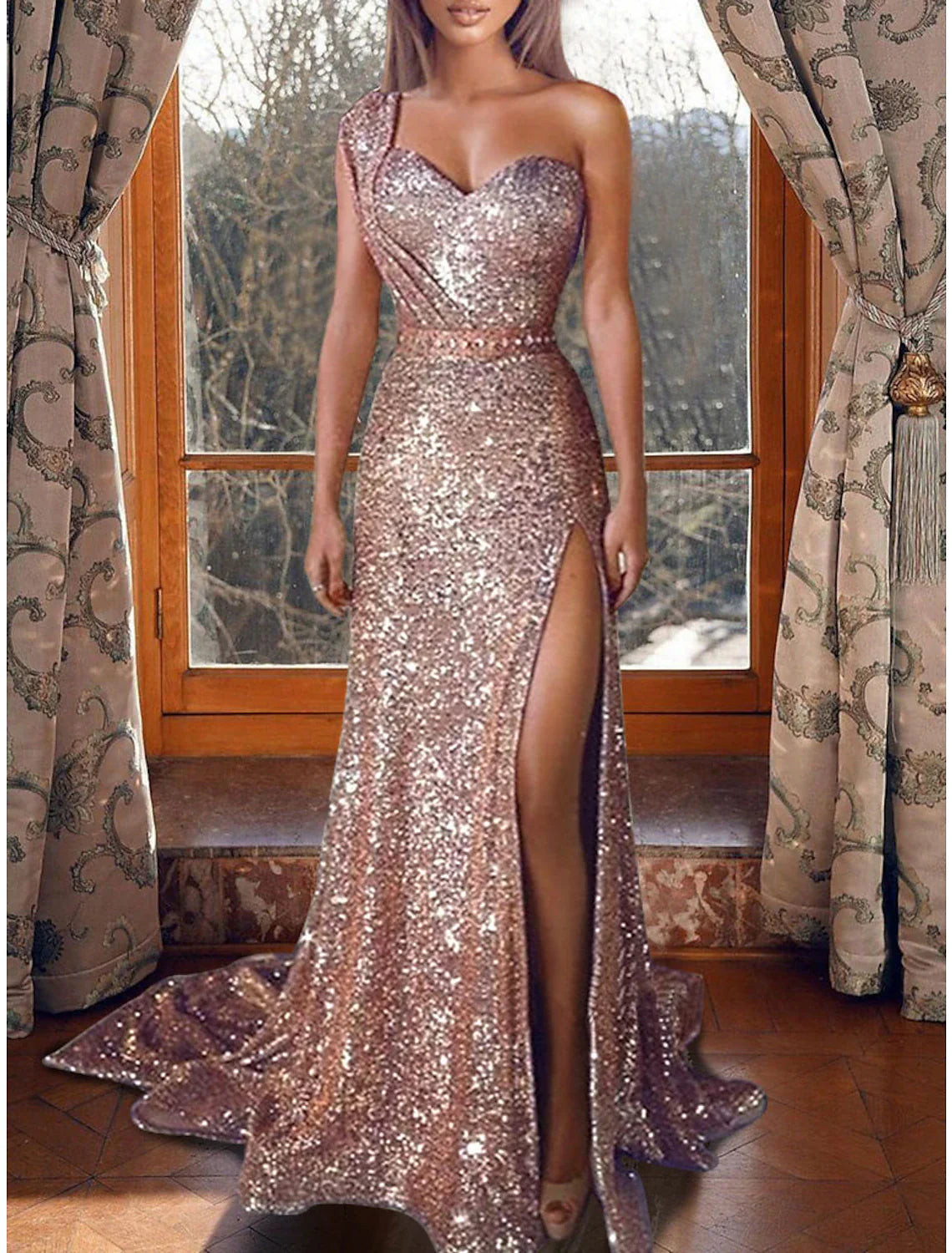 Aimishang  Mermaid Dress Evening Dresses Christmas Red Green Dress Sparkle & Shine Dress Prom Formal Evening Court Train One Shoulder Sleeveless Sequined with Sequin Slit