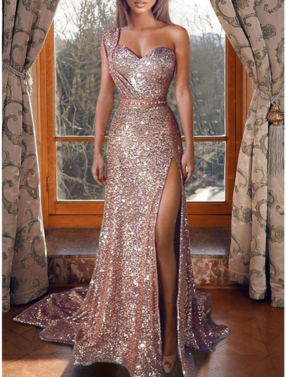 Aimishang  Mermaid Dress Evening Dresses Christmas Red Green Dress Sparkle & Shine Dress Prom Formal Evening Court Train One Shoulder Sleeveless Sequined with Sequin Slit