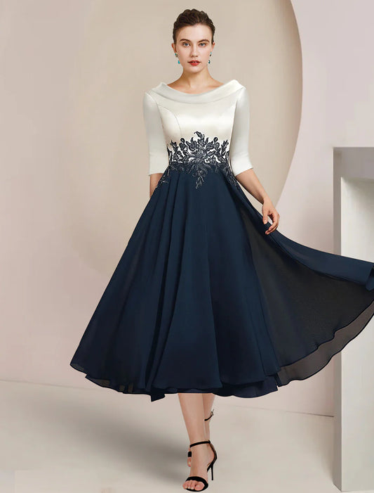 Aimishang  A-Line Mother of the Bride Dress Formal Wedding Guest Elegant Vintage Bateau Neck Tea Length Chiffon Lace 3/4 Length Sleeve with Pleats Appliques Color Block