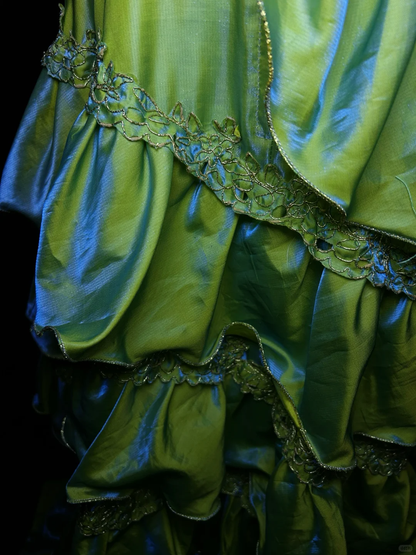 Gorgeous Green Beaded Applique Spaghetti Strap A-Line Satin Ruffles Prom Dress Evening Dress HZ1024