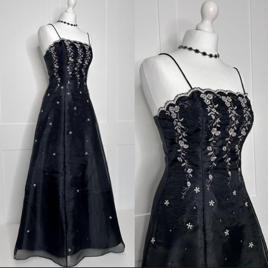 Black & Silver Embroidery Camisole Gown: Lace Trim, Sequin Decoration, Gothic-style Party Sexy Maxi Dress gh6608