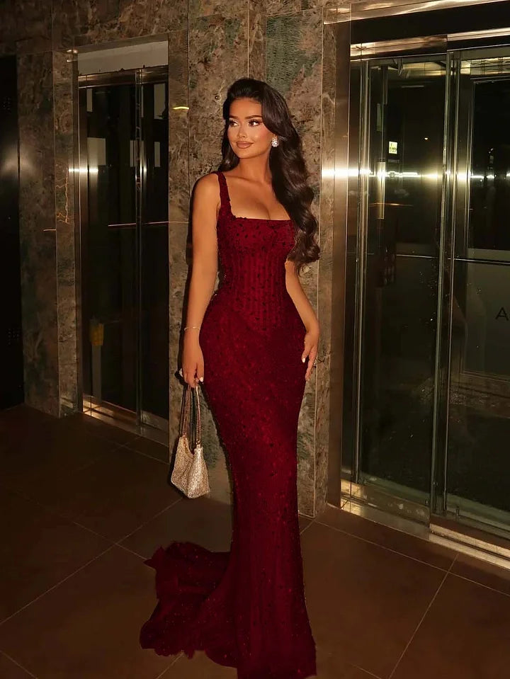 Luxurious Champagne Gold Mermaid Square Neck Sequined Prom Dress Evening Dress cc5117