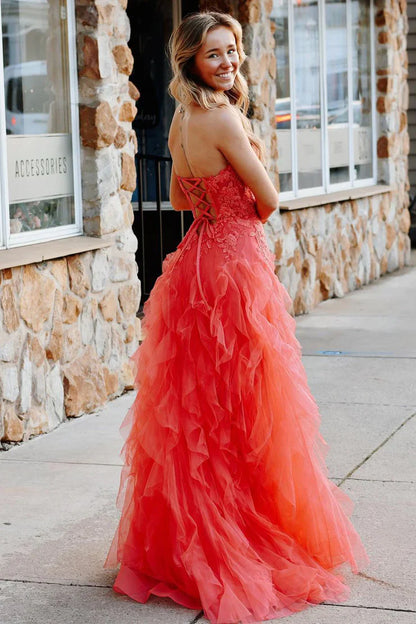 Gentle Tulle Coral Strapless Layered Prom Dress with Applique