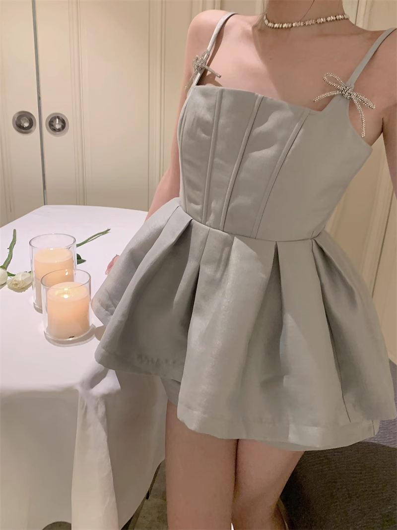 Cute Fashion Gray Spaghetti Strap Design A-line Satin Party Dress Homecoming Dress HZ1024