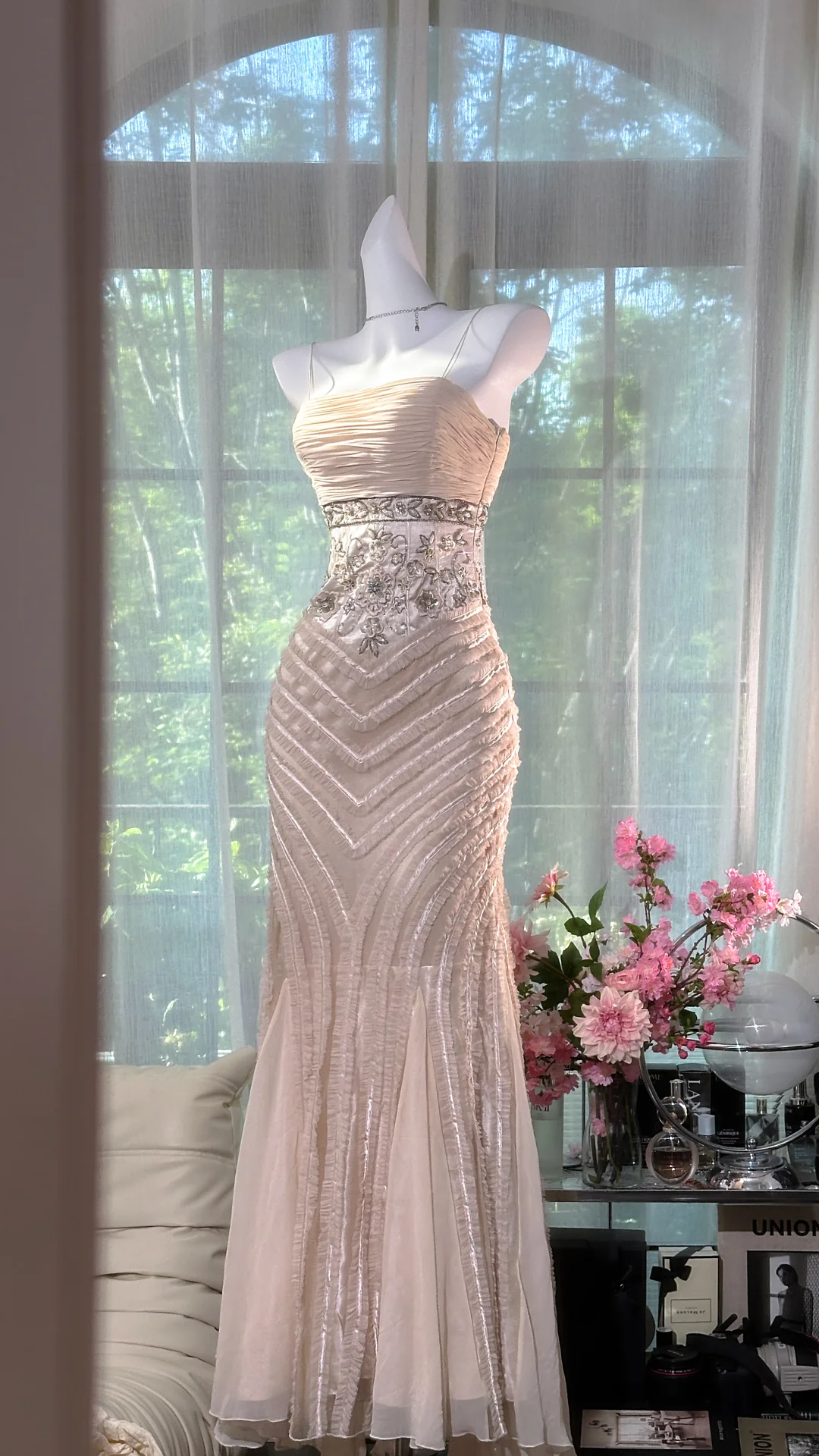 Gorgeous Pink Embroidery Spaghetti Strap Mermaid Chiffon Prom Dress Evening Dress HZ1024