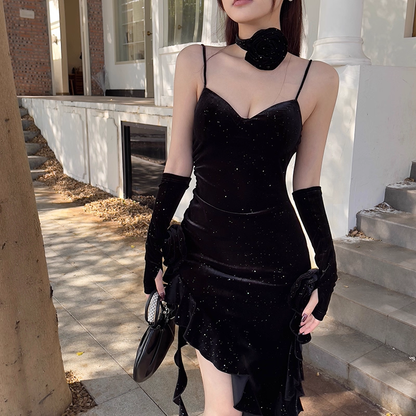 Vintage Glittering Sequin Sweetheart Spaghetti Strap Ruffled High Slit Prom Dress Evening Dress HZ1024