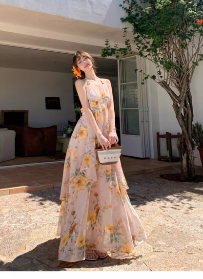 New Fashion Floral V-neck Design Elegant Beach Holiday A-line Sleeveless Halter Dress Summer HZ1024