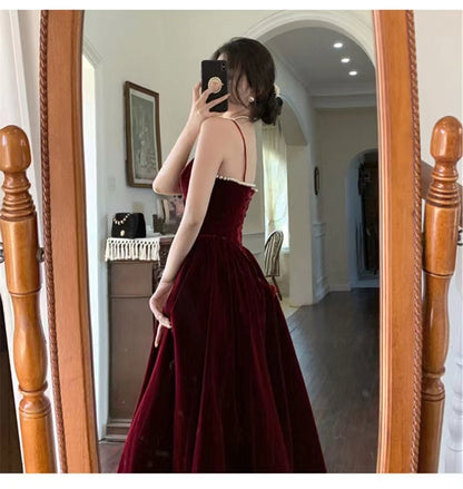 Spaghetti Straps Burgundy Velvet Prom Dress Simple Prom Dress Party Dress C2320