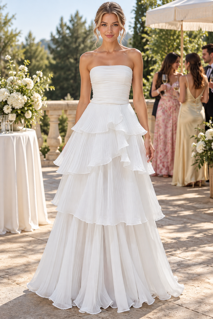 Strapless Tiered Scoop Sleeveless Ruffles White Prom Formal Dress