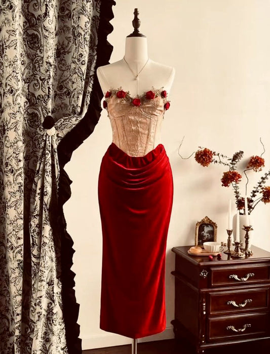 ✨Girlhomeshops🔥 Discount: 5% off orders over $100-Red Vintage Floral Short Velvet Homecoming Dress Prom Party Dress gh4976