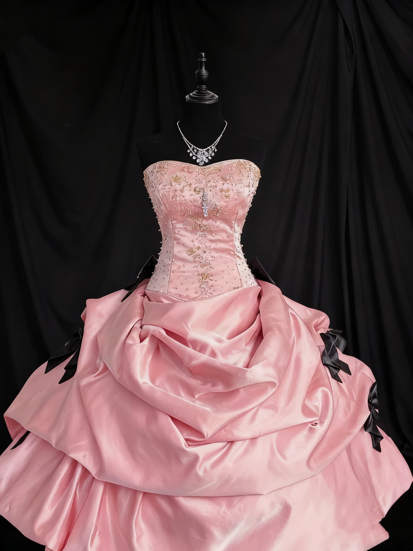 girlhomeshops-Girlish Heart Party Style Pink Satin & Black Bow Beaded Strapless Floor - Length Birthday Highlight Dress gh5888
