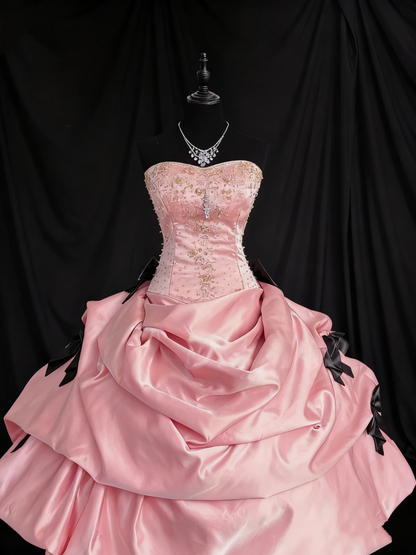 girlhomeshops-Girlish Heart Party Style Pink Satin & Black Bow Beaded Strapless Floor - Length Birthday Highlight Dress gh5888