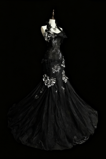 girlhomeshops-Evening dress Black mermaid-inspired floral gown, uniquely elegant dark mermaid long tulle ball gown/evening dress. gh6138
