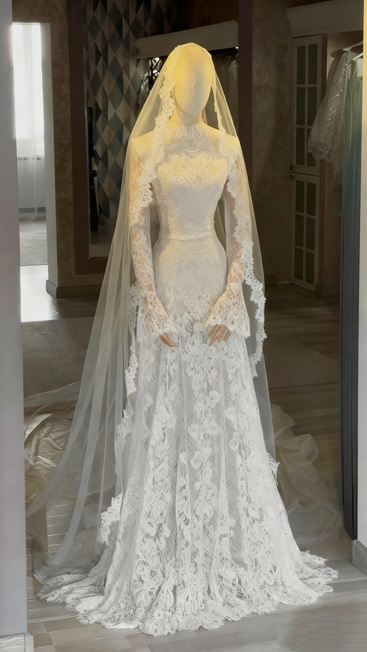 Retro Elegant Style High-Neck Long-Sleeve Wedding Gown White Lace Mermaid Train Maxi Dress for Wedding Bridal Luxury Dinner High-End Social Event gh6430