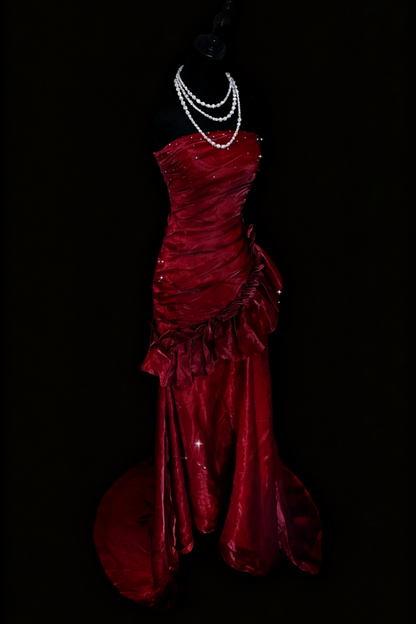 Luxury Sexy Style Strapless Sleeveless Gown | Burgundy Satin Shimmer Mermaid Train Maxi Dress for Gala Red Carpet Ball Engagement Banquet gh6421
