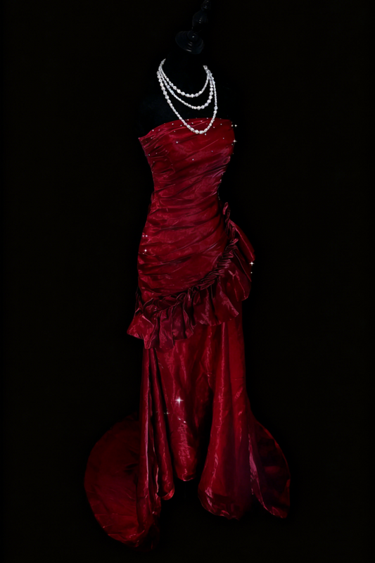 Luxury Sexy Style Strapless Sleeveless Gown | Burgundy Satin Shimmer Mermaid Train Maxi Dress for Gala Red Carpet Ball Engagement Banquet gh6421