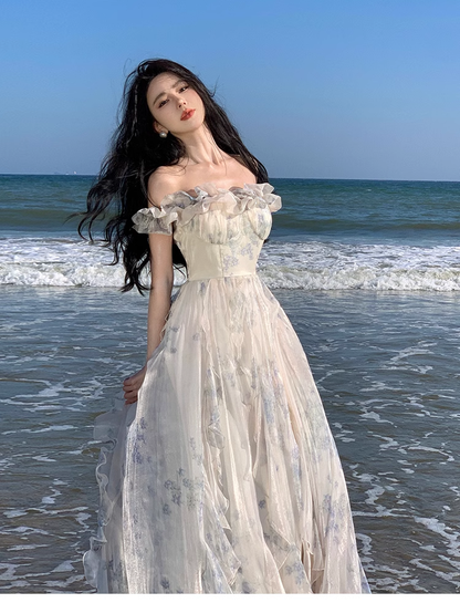 New Fashion Women Floral Falbala Design A-Line Beach Holiday Spaghetti Strap Dress HZ1024