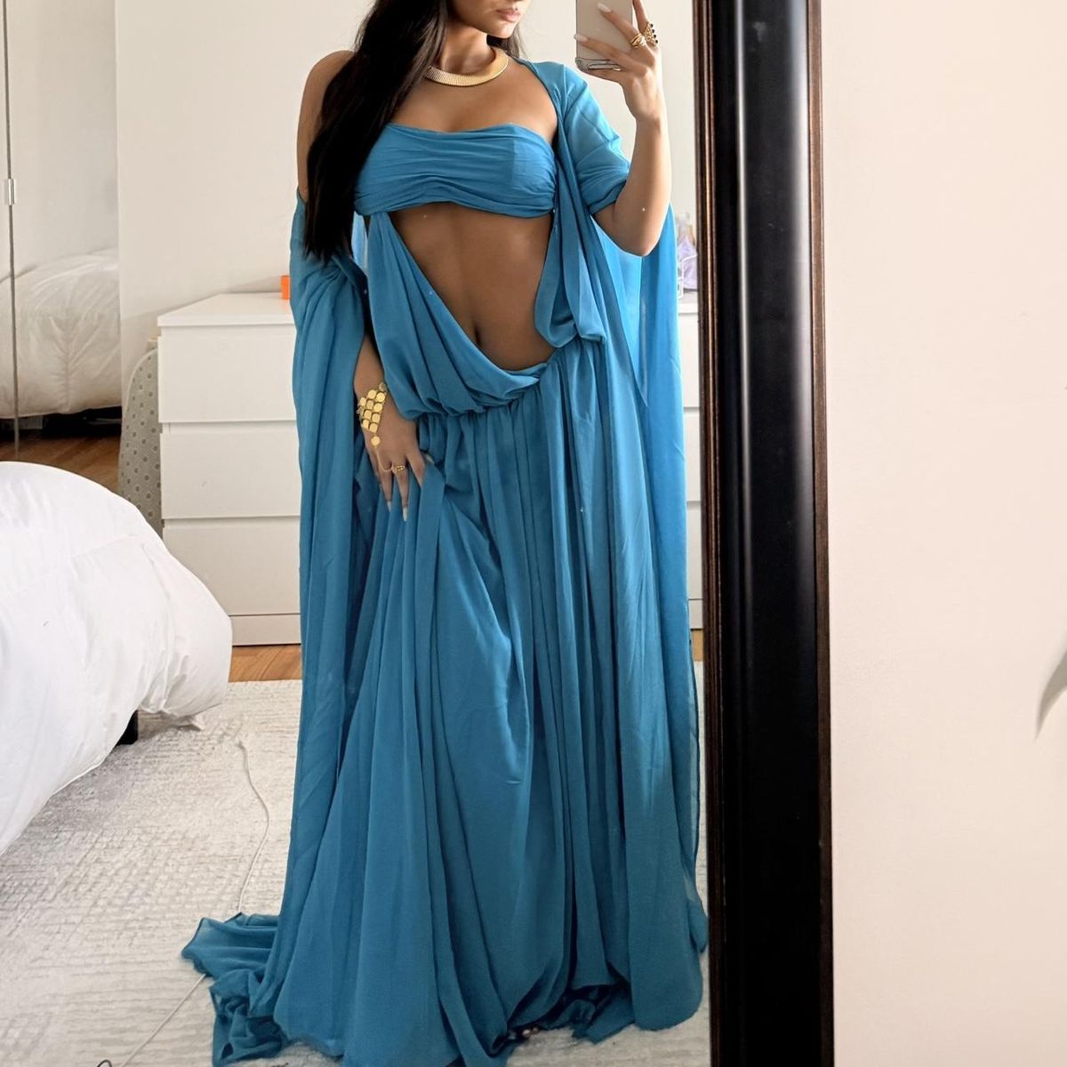 Glam Turquoise Cutout Maxi Dress | Strapless Wide-Sleeve Flowy Dress, Vacation Dress gh6456