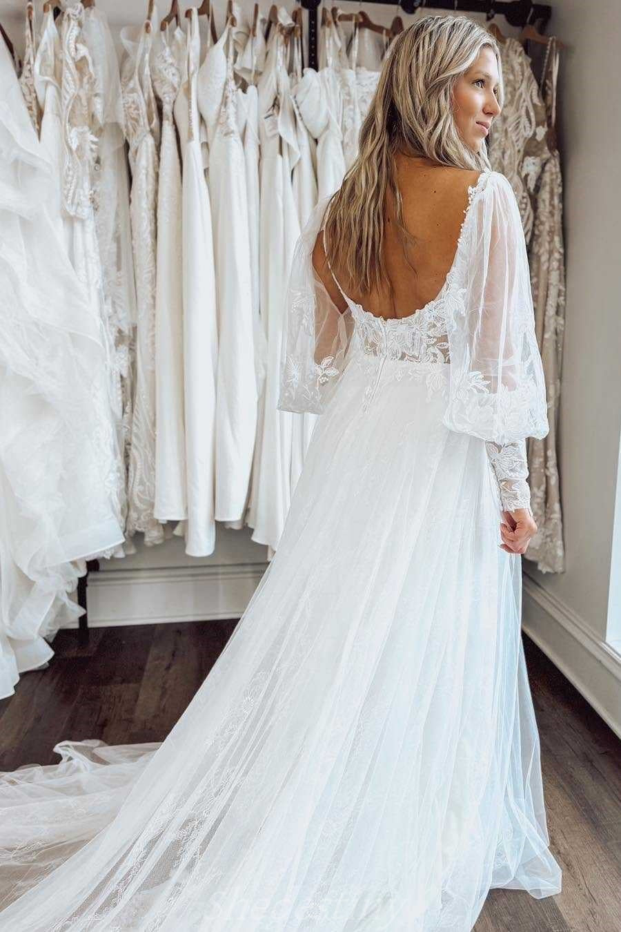 Applique Ivory V-Neck Lace Sweep Train Bride Dress with Sleeves