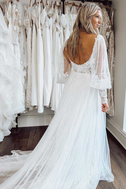 Applique Ivory V-Neck Lace Sweep Train Bride Dress with Sleeves