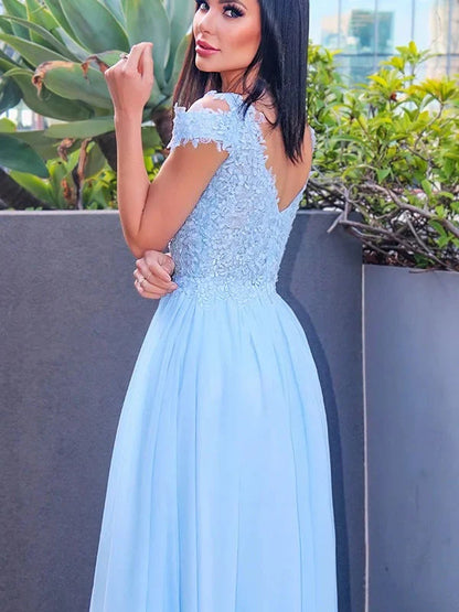 Fabulous Cap Sleeves Sky Blue Long Evening Dress Appliques With Slit