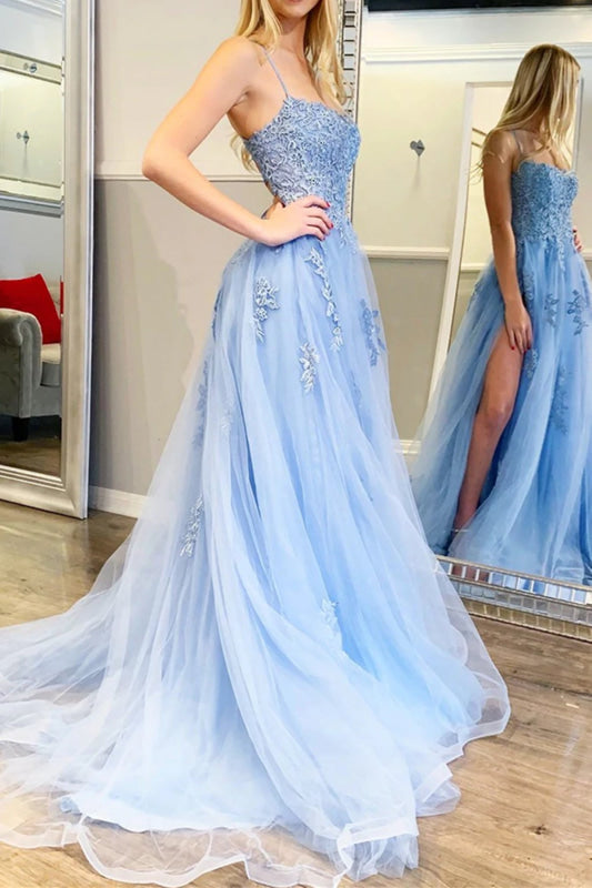 Sky Blue Lace Prom Dresses with High Slit Backless Spaghetti Straps Evening Dresses