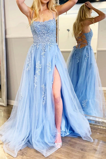 Sky Blue Lace Prom Dresses with High Slit Backless Spaghetti Straps Evening Dresses