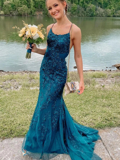Sexy Teal Lace Tulle Mermaid Backless Prom Dresses