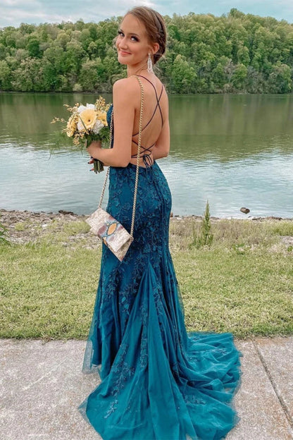 Sexy Teal Lace Tulle Mermaid Backless Prom Dresses