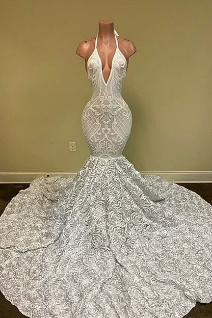 Fashion White Halter Backless Mermaid Flower Bottom Prom Dress