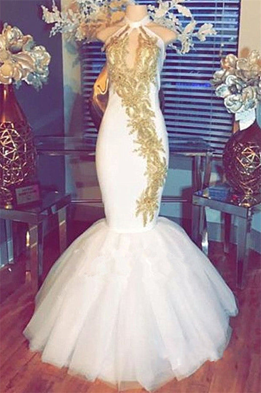Fashion White Halter Sleeveless Tulle Appliques Prom Dress