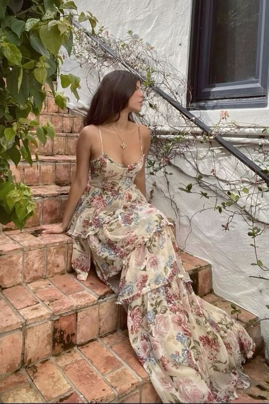 Vintage Print Floral Evening Dress A Line Layered Ruffles Prom Party Dress cc1629