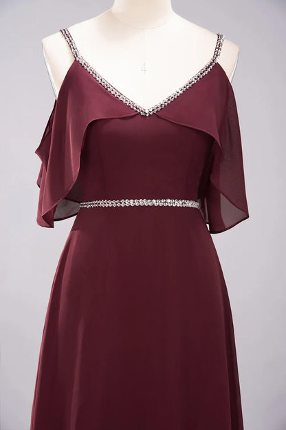 A-line V-Neck Spaghetti Straps Sleeveless Floor-Length Bridesmaid Dresses with