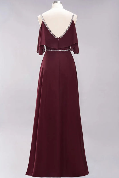 A-line V-Neck Spaghetti Straps Sleeveless Floor-Length Bridesmaid Dresses with