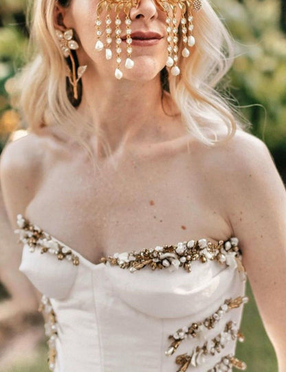 Girlhomeshops-Ivory and Gold Beaded Long Layered Floor-Length Wedding Dress with Train gh5389