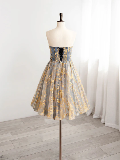 Vintage Sequin Beaded Strapless Ruffled Hem Design A-line Tulle Party Dress Homecoming Dress HZ1024