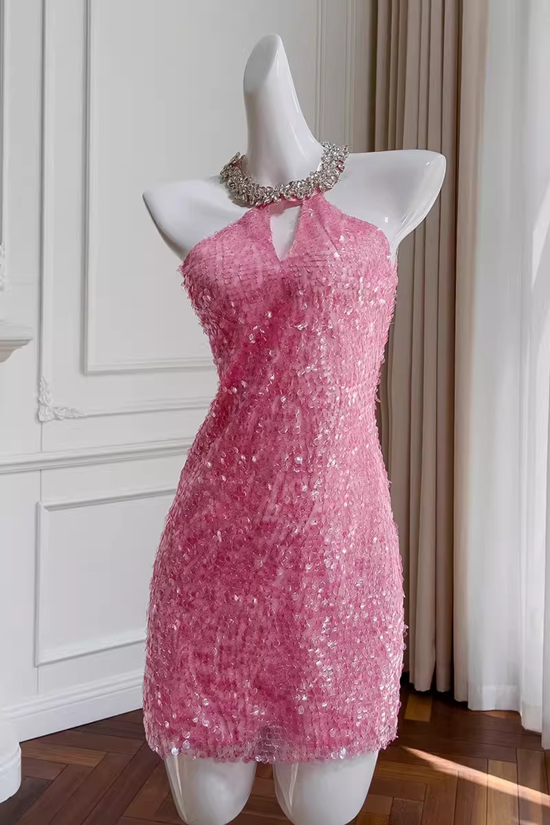 New Fashion Rose Pink Beading Sequin Sheath Short Party Dress Homecoming Dresses HZ1024
